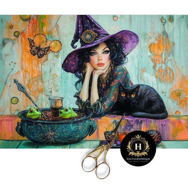 Vintage Witch & Black Cat Cauldron Decoupage Tissue Paper (Creator Uploaded)