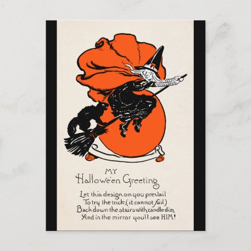 Vintage Witch Black Cat Greeting Postcard