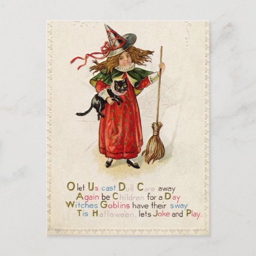 Vintage witch black cat Holiday postcard