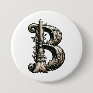 Vintage Witch Broom B Halloween Button