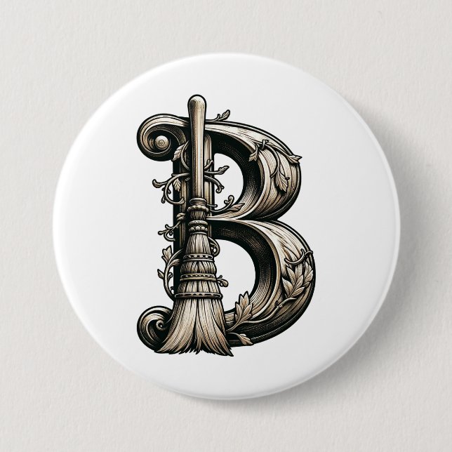  Vintage Witch Broom B Halloween Button (Front)
