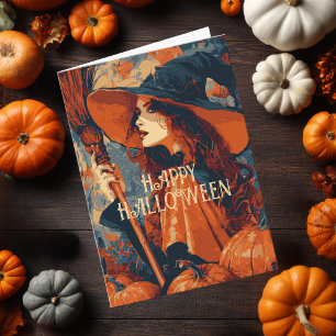 Vintage Witch Broom Pumpkin Elegant Halloween  Card