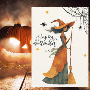 Vintage Witch Broom Spider Gothic Halloween Holiday Card