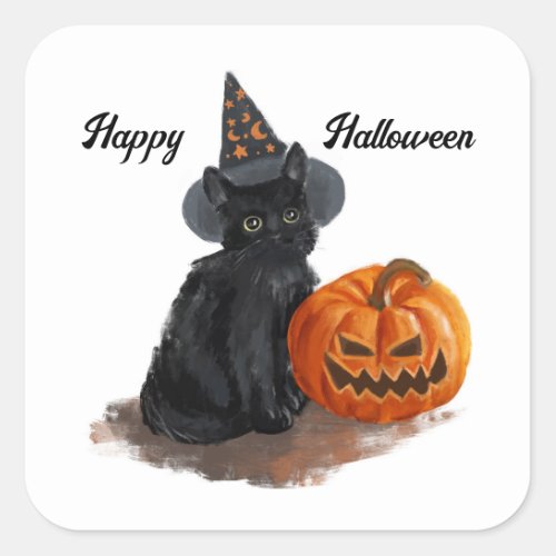 Vintage Witch Cat Square Stickers