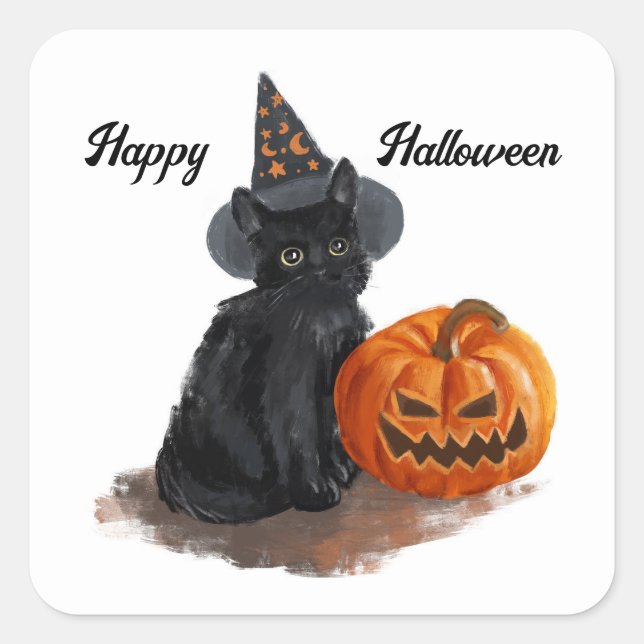 Vintage Witch Cat Square Stickers (Front)