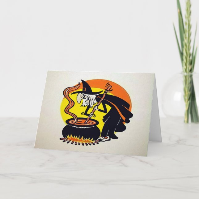 Vintage Witch Cauldron Halloween Card (Front)