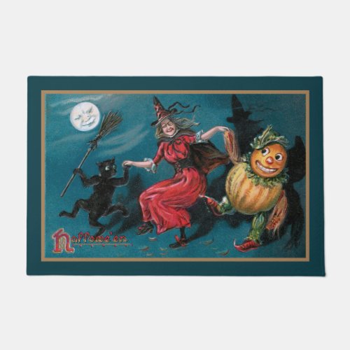 Vintage Witch Dancing with Black Cat Doormat