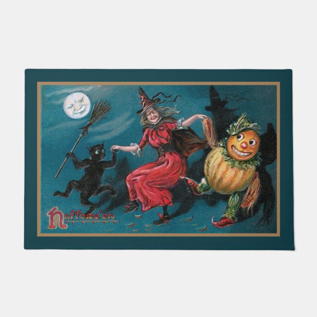 Vintage Witch Dancing with Black Cat Doormat (Front)