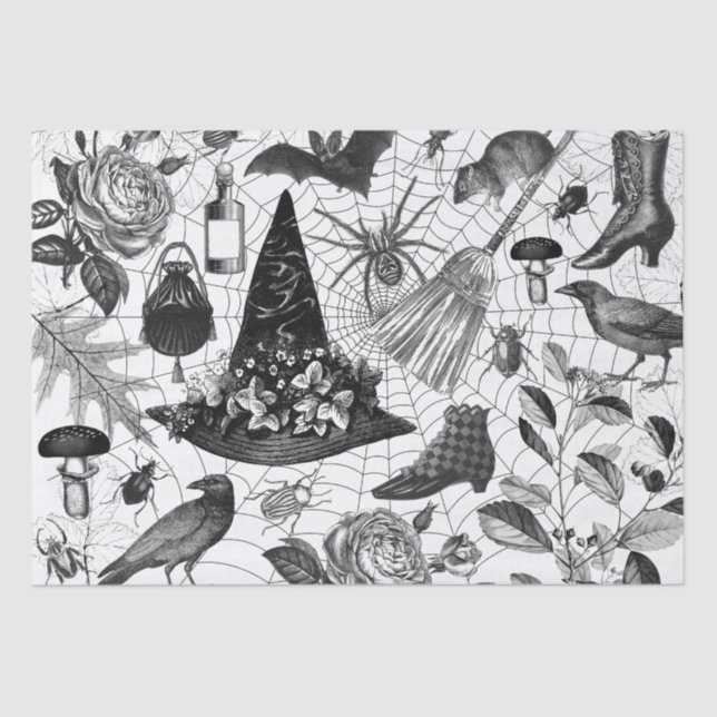 Vintage Witch Floral Halloween Ephemera Tissue Paper (Front)