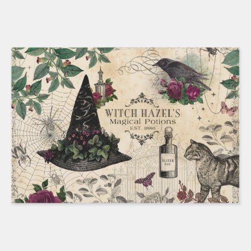 Vintage Witch Floral Halloween Ephemera Wrapping Paper Sheets