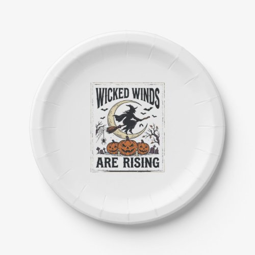 Vintage Witch Halloween Broomstick Pumpkin Moon Ar Paper Plates