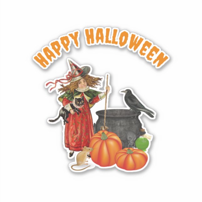 Vintage Witch Halloween Custom-Cut Vinyl Sticker (Front)