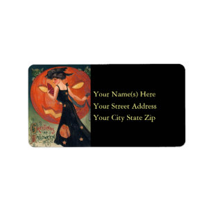 Vintage Witch Halloween Greeting With Pumpkin Label