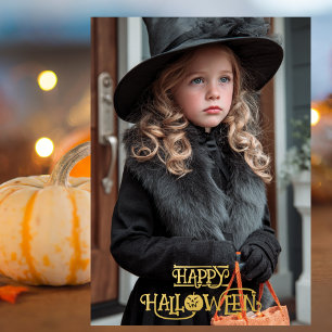 Vintage Witch Halloween Photo Gold Pumpkin Foil Holiday Card