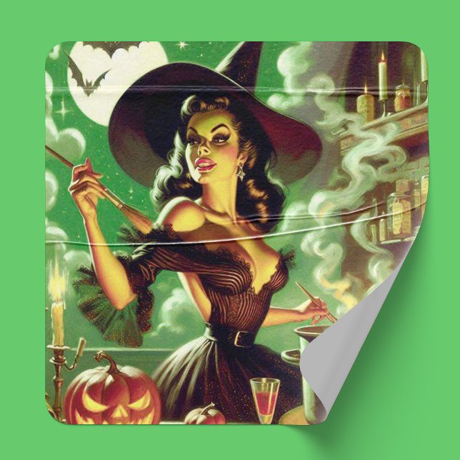 Vintage Witch Halloween Pin-Up Square Sticker (Creator Uploaded)