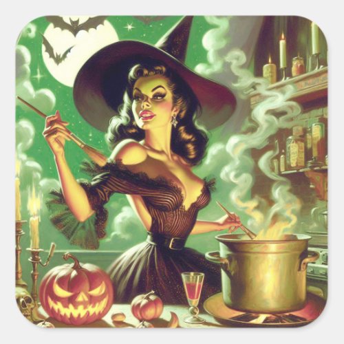 Vintage Witch Halloween Pin_Up Square Sticker