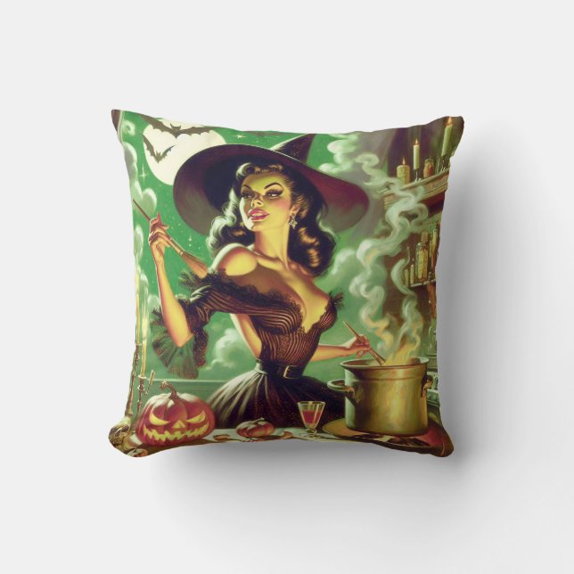 Vintage Witch Halloween Pin-Up Throw Pillow (Front)
