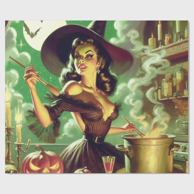 Vintage Witch Halloween Pin-Up Wrapping Paper (Flat)