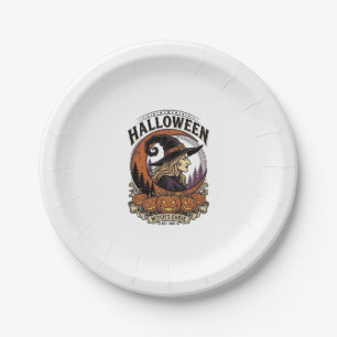 Vintage Witch Halloween Pumpkin Moon Engraving Art Paper Plates