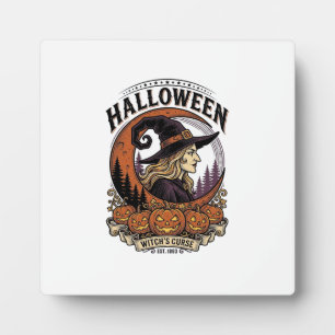 Vintage Witch Halloween Pumpkin Moon Engraving Art Plaque