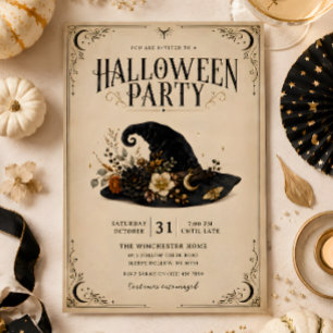 Vintage Witch Hat Folk Halloween Party Invitation