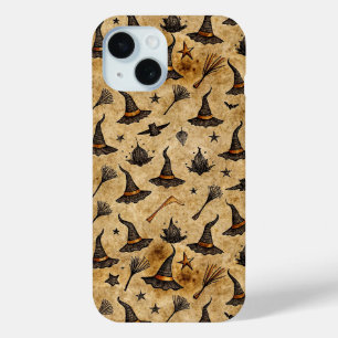 Vintage Witch Hats & Broomsticks Halloween Pattern iPhone 15 Case