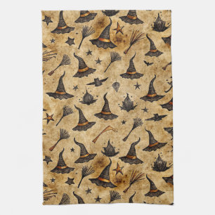 Vintage Witch Hats & Broomsticks Halloween Pattern Kitchen Towel