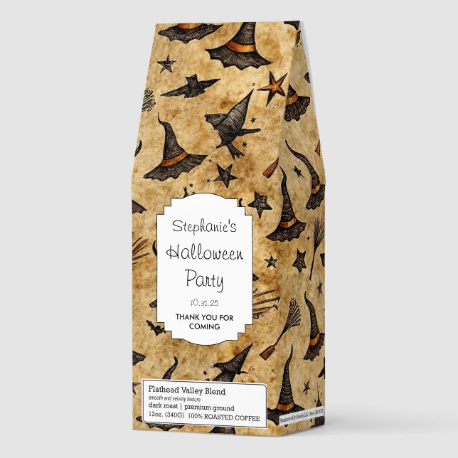 Vintage Witch Hats & Broomsticks Halloween Pattern Roasted Coffee (Front)