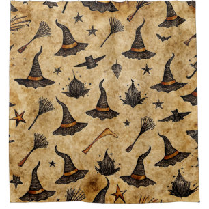 Vintage Witch Hats & Broomsticks Halloween Pattern Shower Curtain