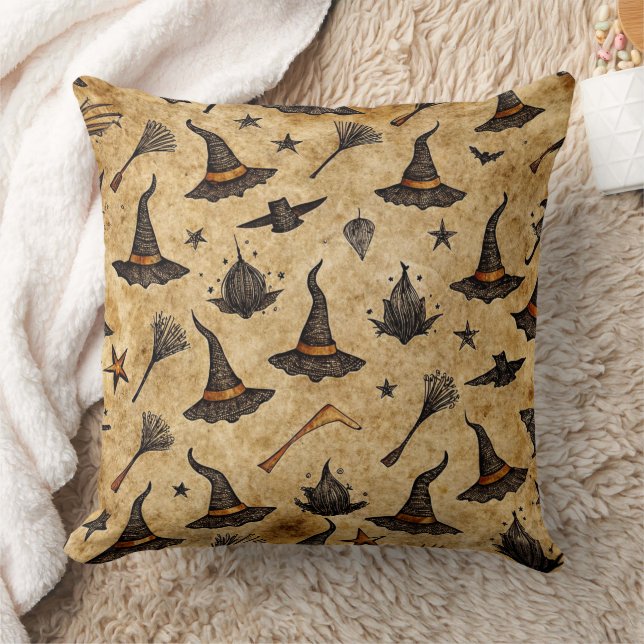 Vintage Witch Hats & Broomsticks Halloween Pattern Throw Pillow (Blanket)