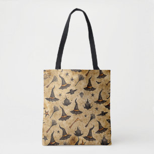 Vintage Witch Hats & Broomsticks Halloween Pattern Tote Bag