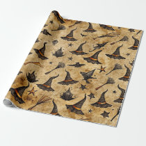 Vintage Witch Hats & Broomsticks Halloween Pattern Wrapping Paper