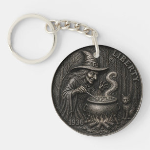 Vintage Witch. Hobo Nickel Carved Coin Art. Keychain
