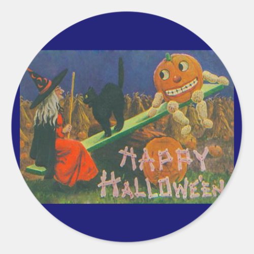 Vintage Witch  Jack o Lanterns Play Time Classic Round Sticker