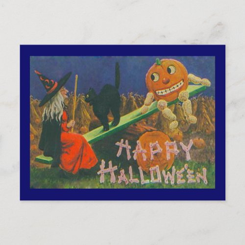 Vintage Witch  Jack o Lanterns Play Time Postcard
