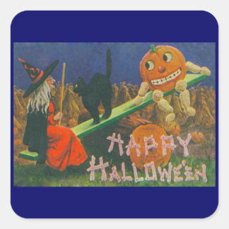 Vintage Witch & Jack o' Lanterns Play Time Square Sticker