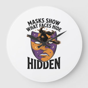 Vintage Witch Mask Halloween Face Illusion Art_1 Large Clock