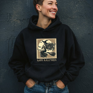 Vintage Witch on Broom Full Moon & Bats Halloween Hoodie
