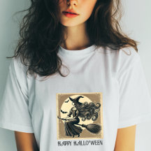 Vintage Witch on Broom Full Moon & Bats Halloween