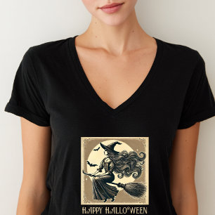 Vintage Witch on Broom Full Moon & Bats Halloween T-Shirt