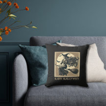 Vintage Witch on Broom Full Moon & Bats Halloween