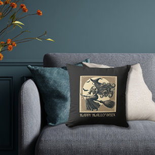 Vintage Witch on Broom Full Moon & Bats Halloween Throw Pillow