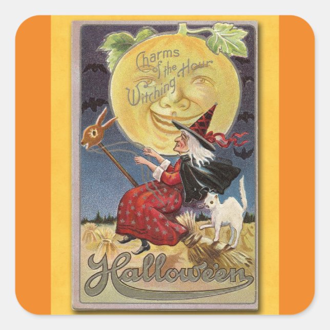 Vintage Witch On Broom Sticker (Front)
