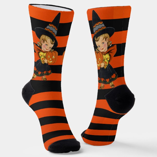 Vintage Witch Orange & Black Cute Halloween Socks (Angled)