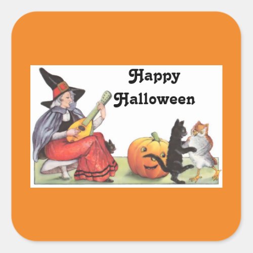 Vintage Witch Playing Music Square Sticker