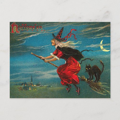 Vintage Witch Postcard Halloween Black Cat Postcard