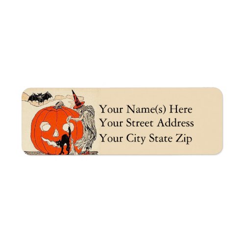 Vintage Witch Pumpkin Black Cat Bat Halloween Label