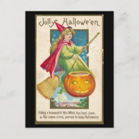 Vintage witch riding broomstick