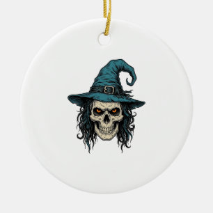 Vintage Witch Skull Halloween Vector Shirt Design_ Ceramic Ornament