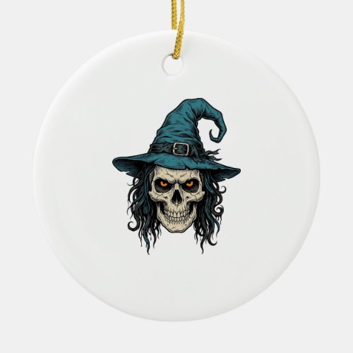 Vintage Witch Skull Halloween Vector Shirt Design_ Ceramic Ornament